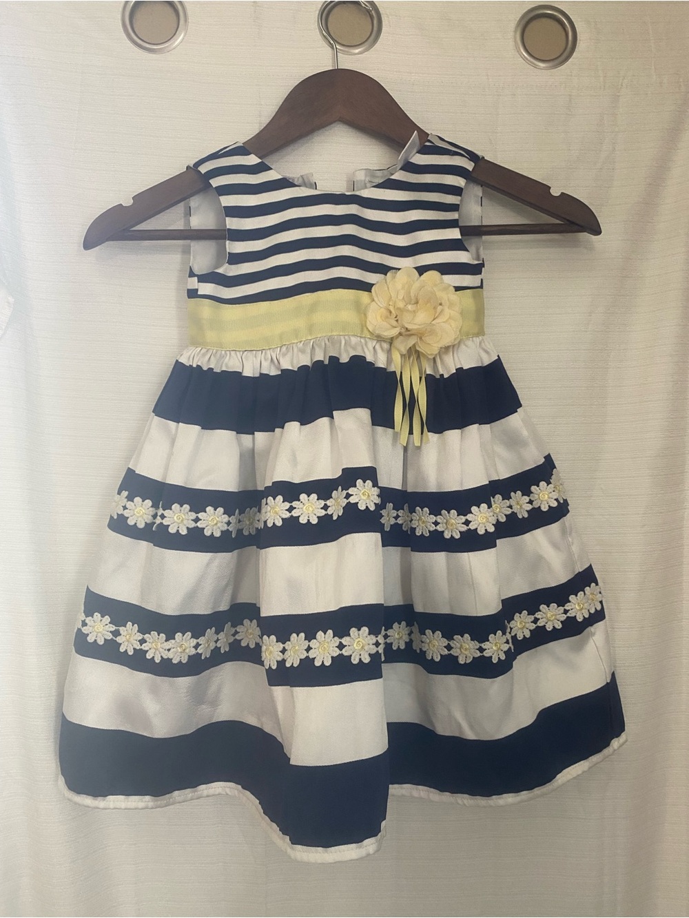 Blueberi Boulevard Navy, White & Yellow Striped Floral Sash Dress